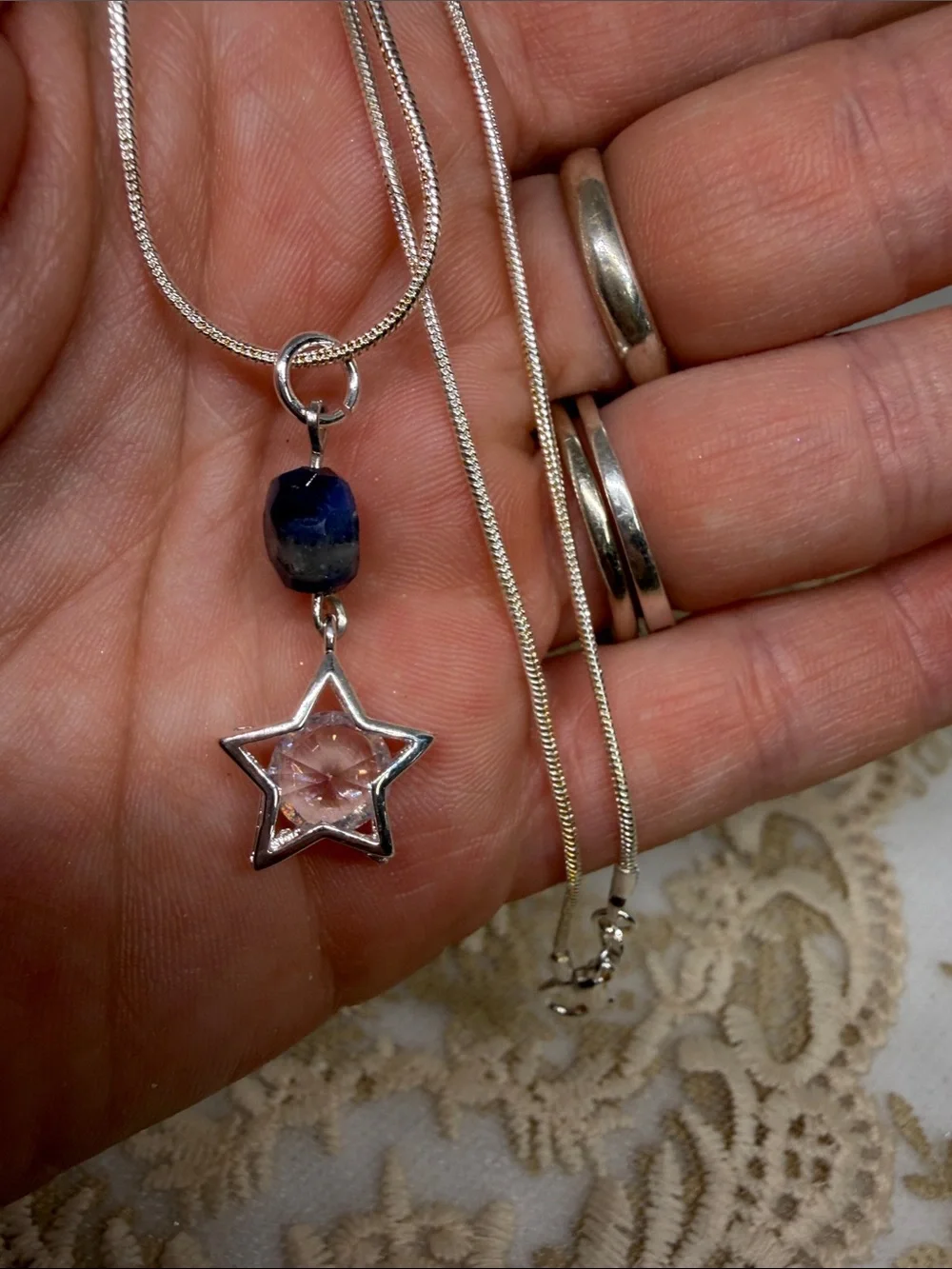 Handmade Sterling Silver Lapis Lazuli Star Necklace 925 Box Chain Celestial CZ